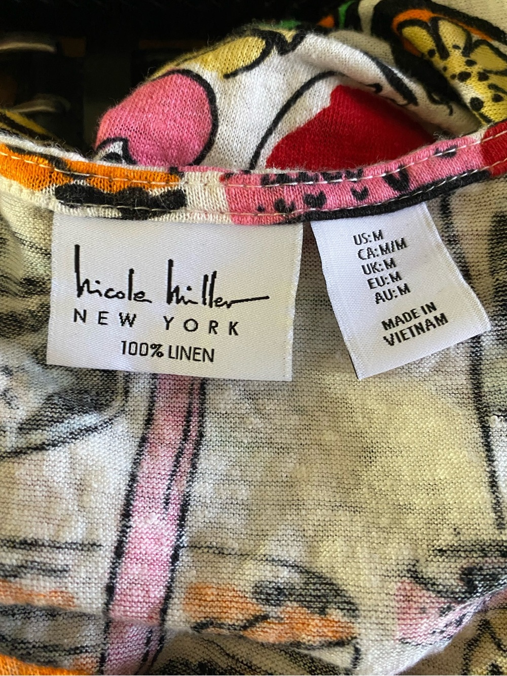 Nicole Miller Linen Cocktail Print Top M Tiki Pinup Rockabilly Retro Resort - Picture 4 of 8